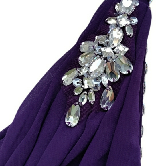 MoriLee Madeline Gardner Jeweled One Shoulder Purple Empire Waist Evening Gown 8 - Picture 9 of 16